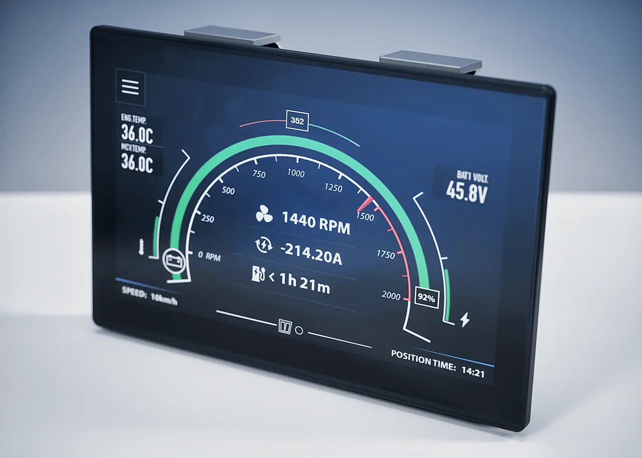 multifunctionele display van een boot voor elektrisch varen cursus van Vaarplezier