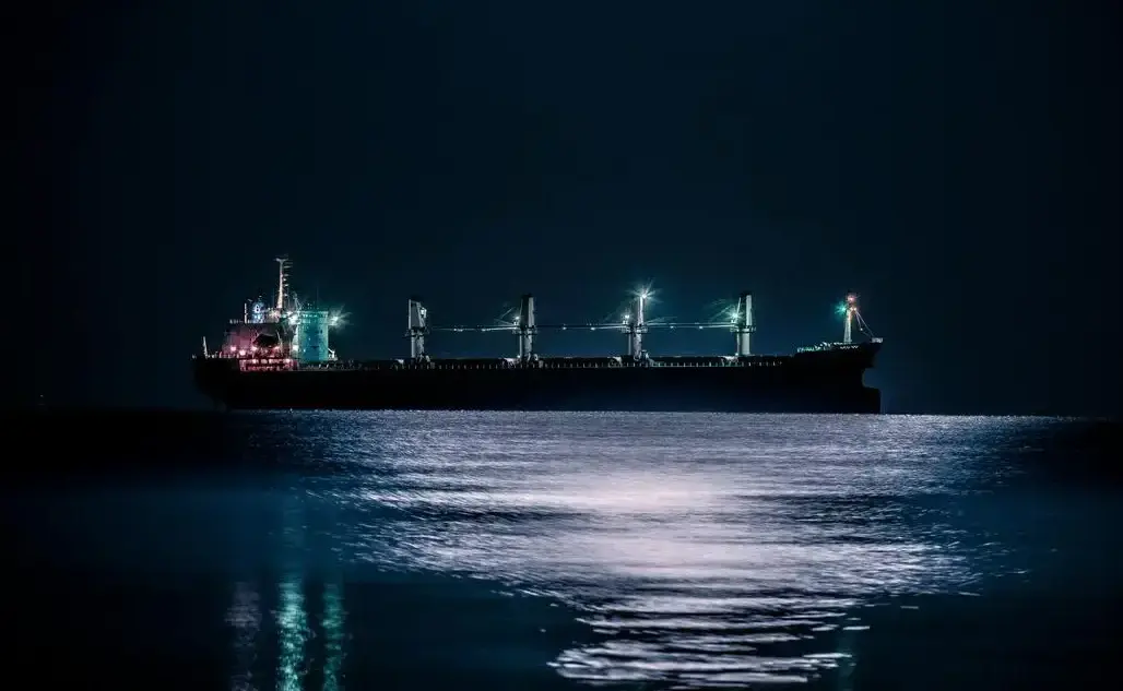 Foto van vrachtschip in het donker op open water met navigatieverlichting aan